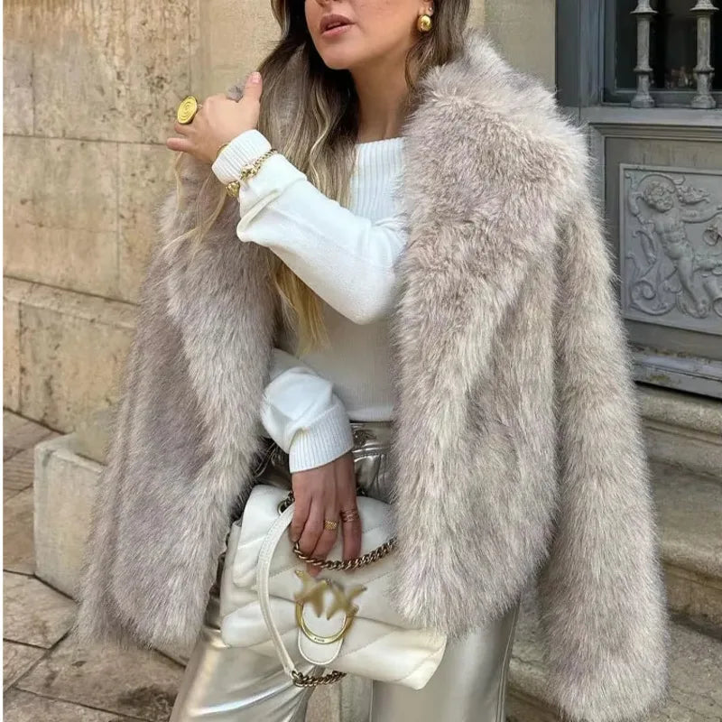 maoxiangshop - Faux Fur Cardigan Coat Women 2024 Winter Luxury Solid Long Sleeve Fashion Short Coats Lady Elegant Warm Thick Jackets Outerwear