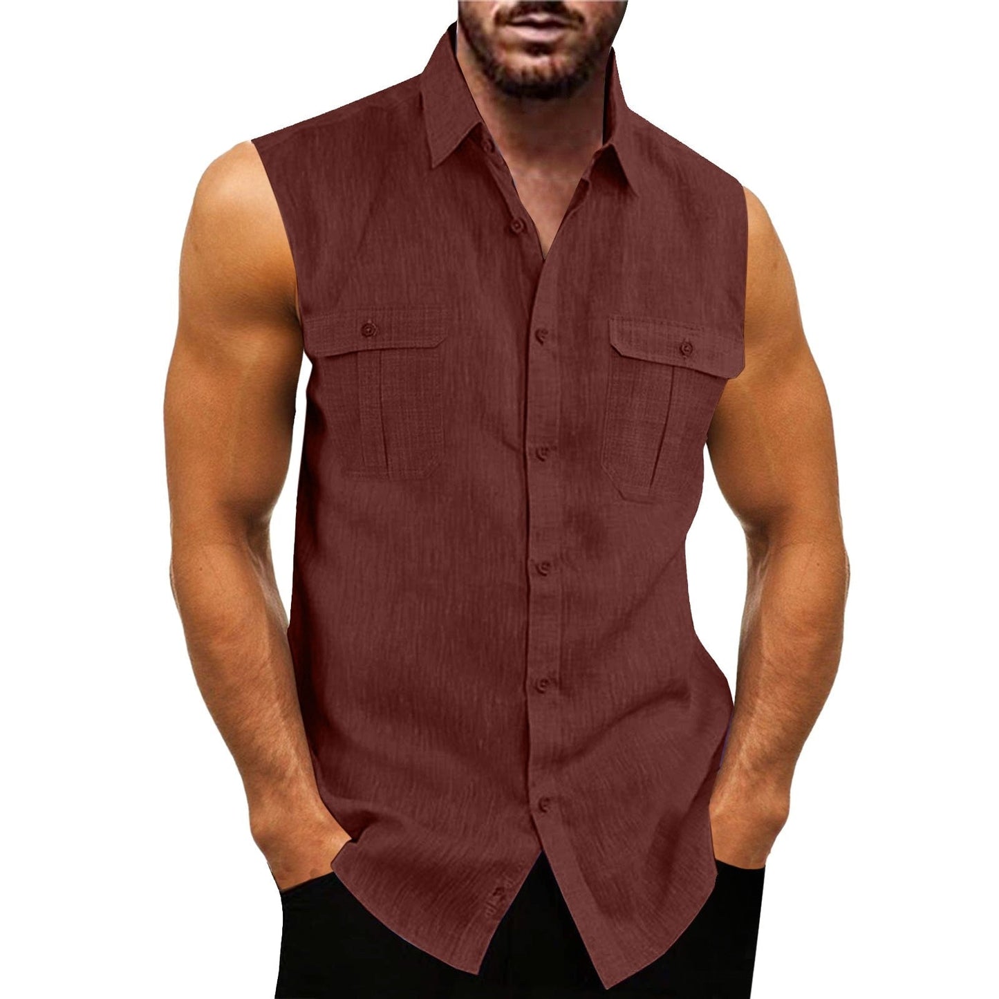 Summer Top Shirt Men Tank Top Turn Down Collar Sleeveless Shirts Pocket Imitation Linen Slim Fit Shirt For Men Summer Streetwear