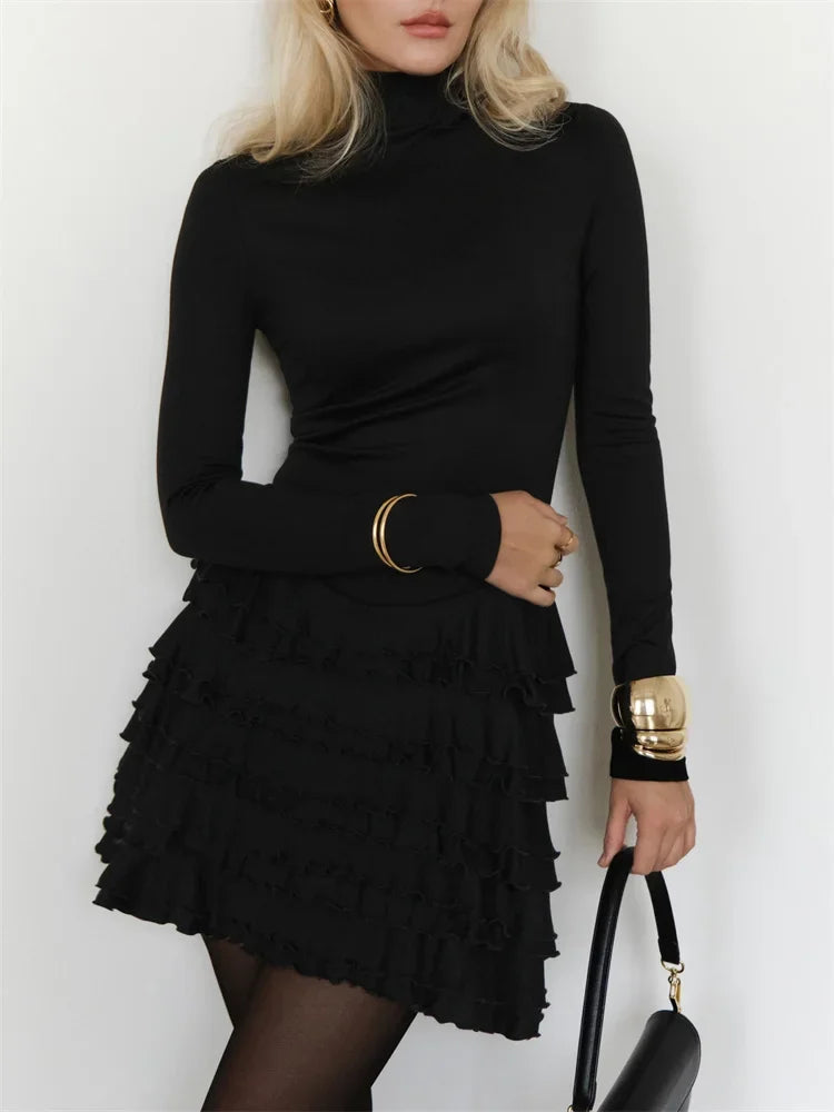 maoxiangshop - Black Ruffled Fashion MIni Dress Women's Long Sleeve Skinny Solid High Waist Patchwork Dress Female Autumn Party Dress New