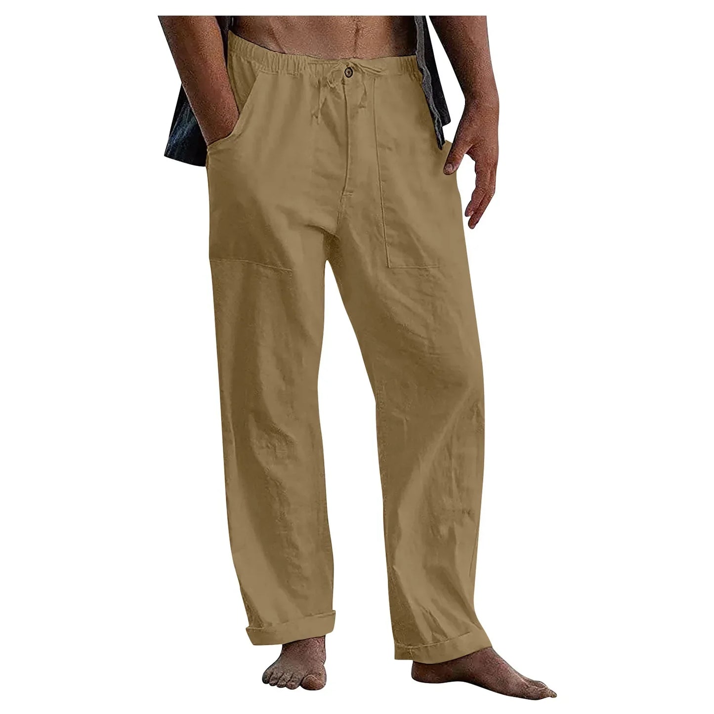 maoxiangshop New Men's Cotton Linen Pants Summer Solid Color Breathable Linen Trousers Summer elastic waist drawstring loose pants