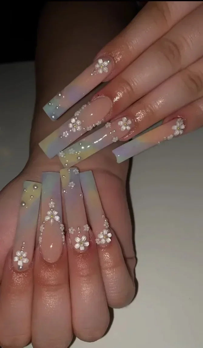 maoxiangshop 24Pcs Coffin False Nails Purple Butterfly Designs Fake Nails with Shiny Rhinestone Wearable French Full Cover Press on Nails