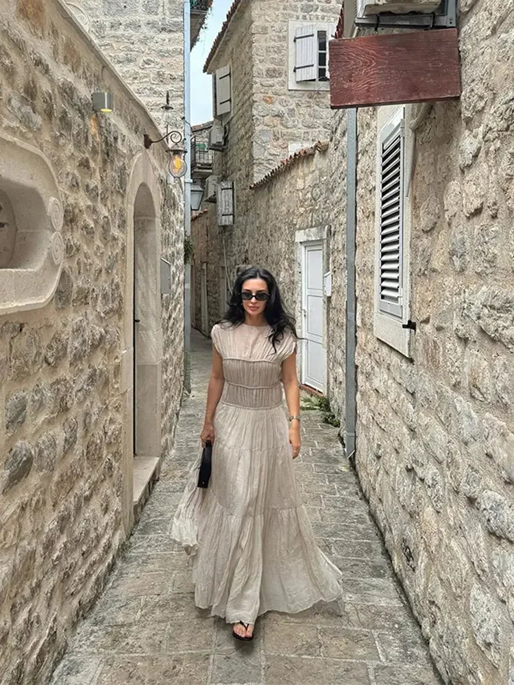Summer Lady Elegant Pleated Hem Solid Maxi Dress Fashion Short Sleeve Round Neck Robe Casual Women Commuting Office Dresses