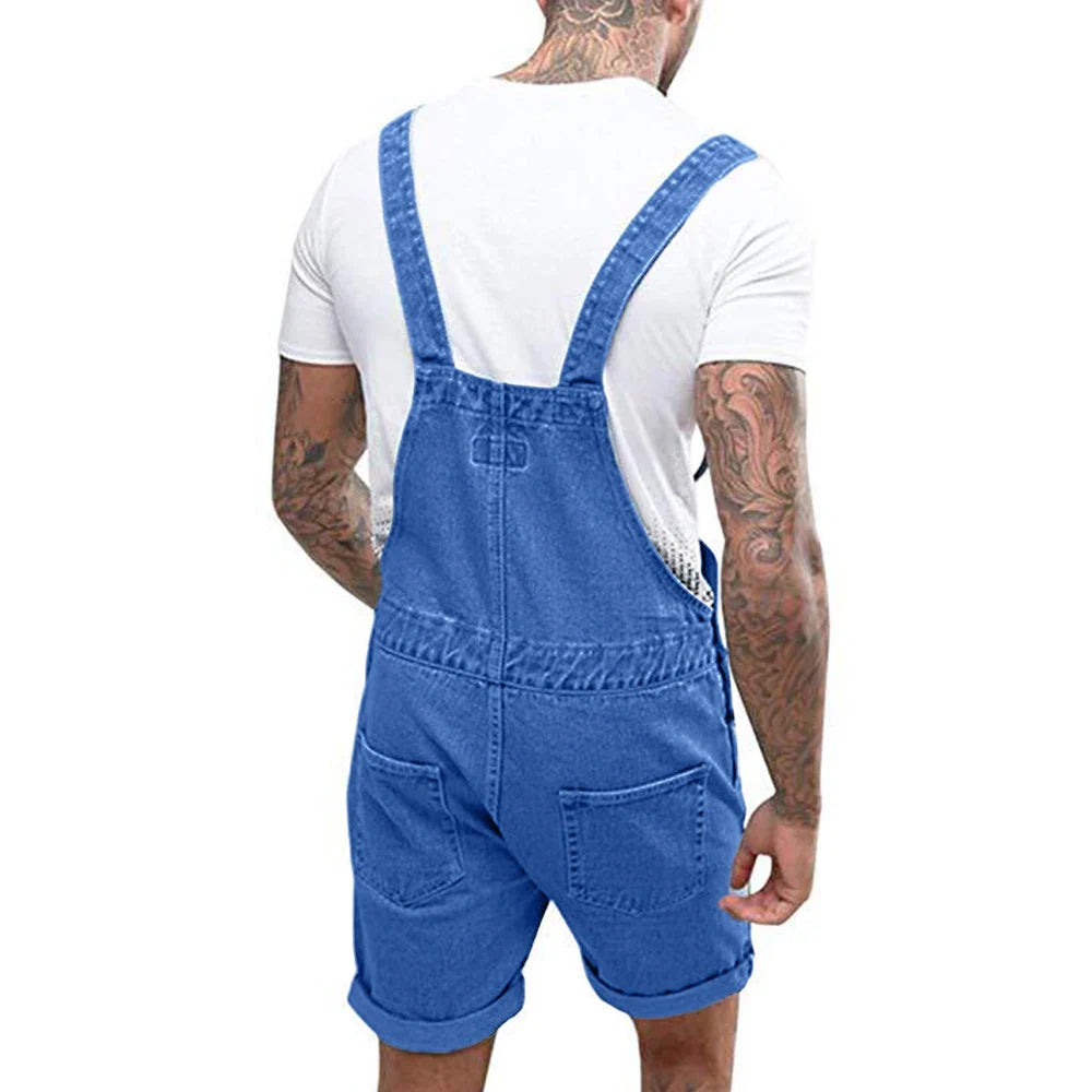maoxiangshop Men's Vintage Jeans Overalls Solid Color Elastic Denim Jumpsuit With Pockets Men Summer New Casual Button Suspenders Short Pants