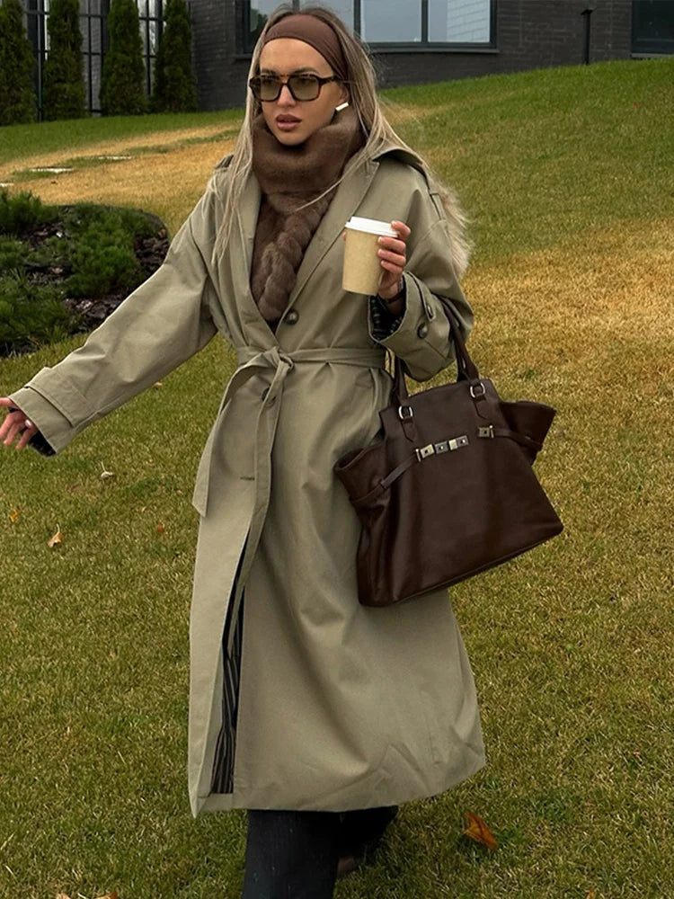 maoxiangshop - Vintage Splicing Striped Khaki Trench Women Retro Lapel Single-Breasted Long Windbreaker Lady Autumn Elegant Chic Street Outwear