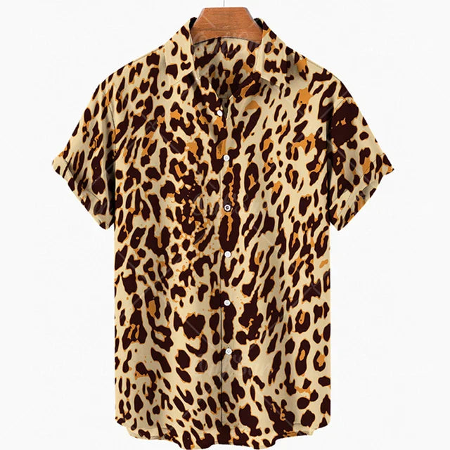 maoxiangshop Short Sleeve Leopard Men's Shirts For Man Clothing Hawaiian Fashion 3D Print Thin Lapel Floral Casual Oversized Imported Camisa