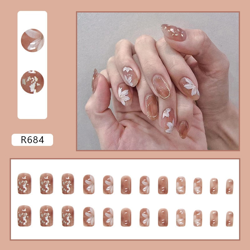 24pcs/box Fake Nails Press on Short Reusable with Designs Set French Artificial Pink kawaii False Tipsy Stick-on Nails Tips Art