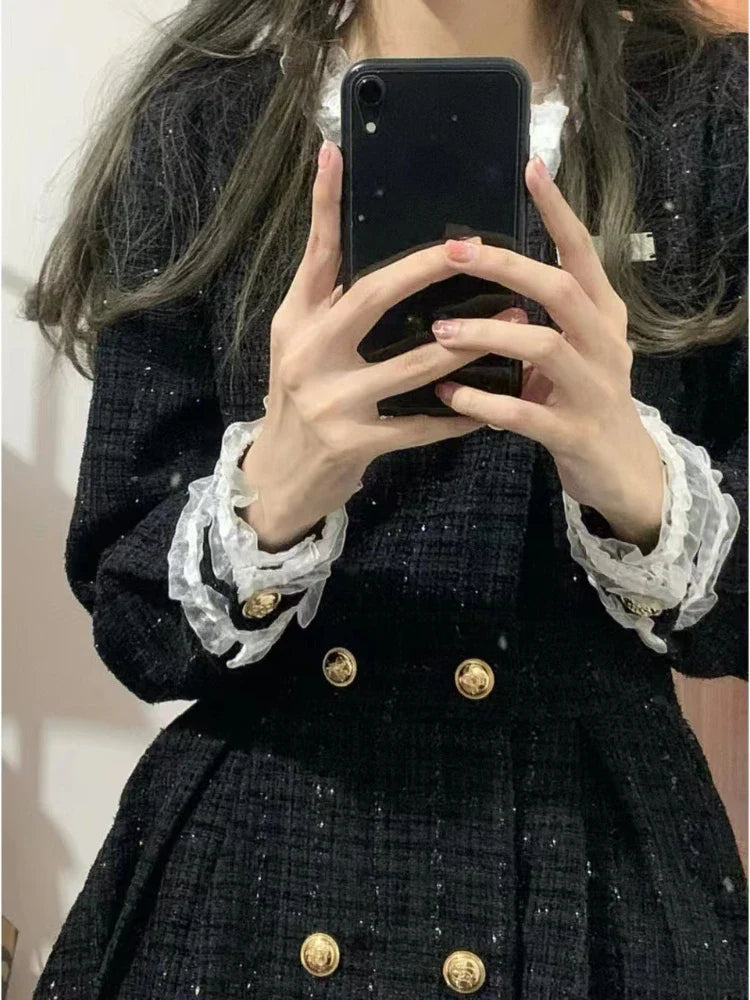 maoxiangshop Autumn black Vintage Dress Women French Style Patchwork Lace Elegant Mini Dress Female Long Sleeve Chic Casual Party Dress