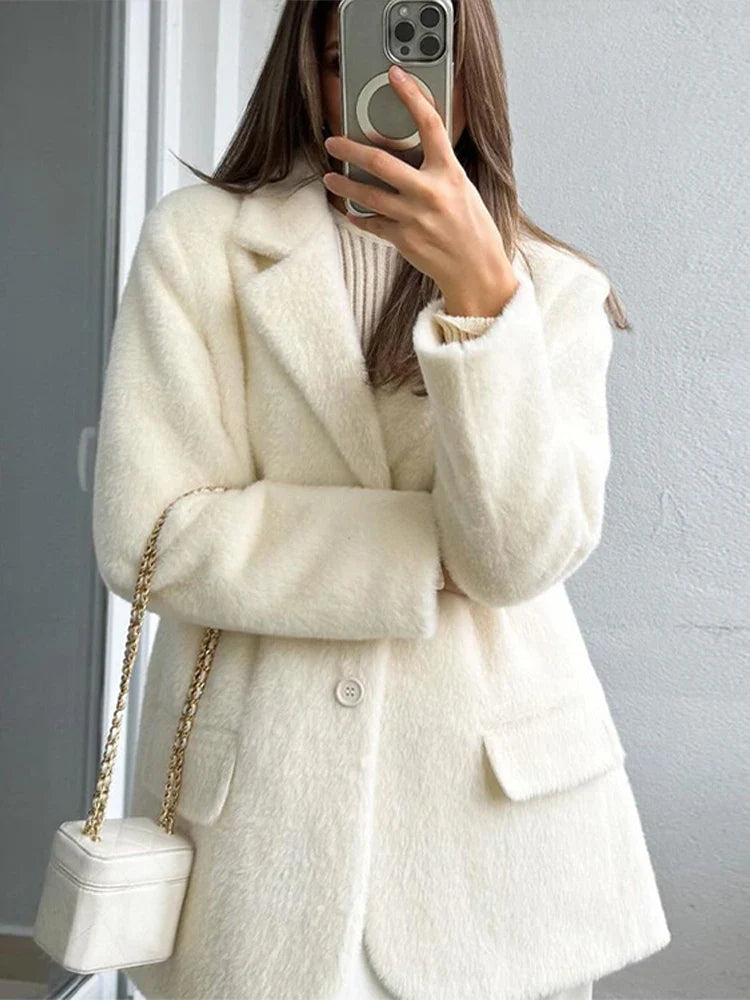 maoxiangshop - Fashion Plush Solid Color Women's Coat Turndown Collar Single Breasted Casual Loose Coats Winter Warm Windproof Women Outerwears