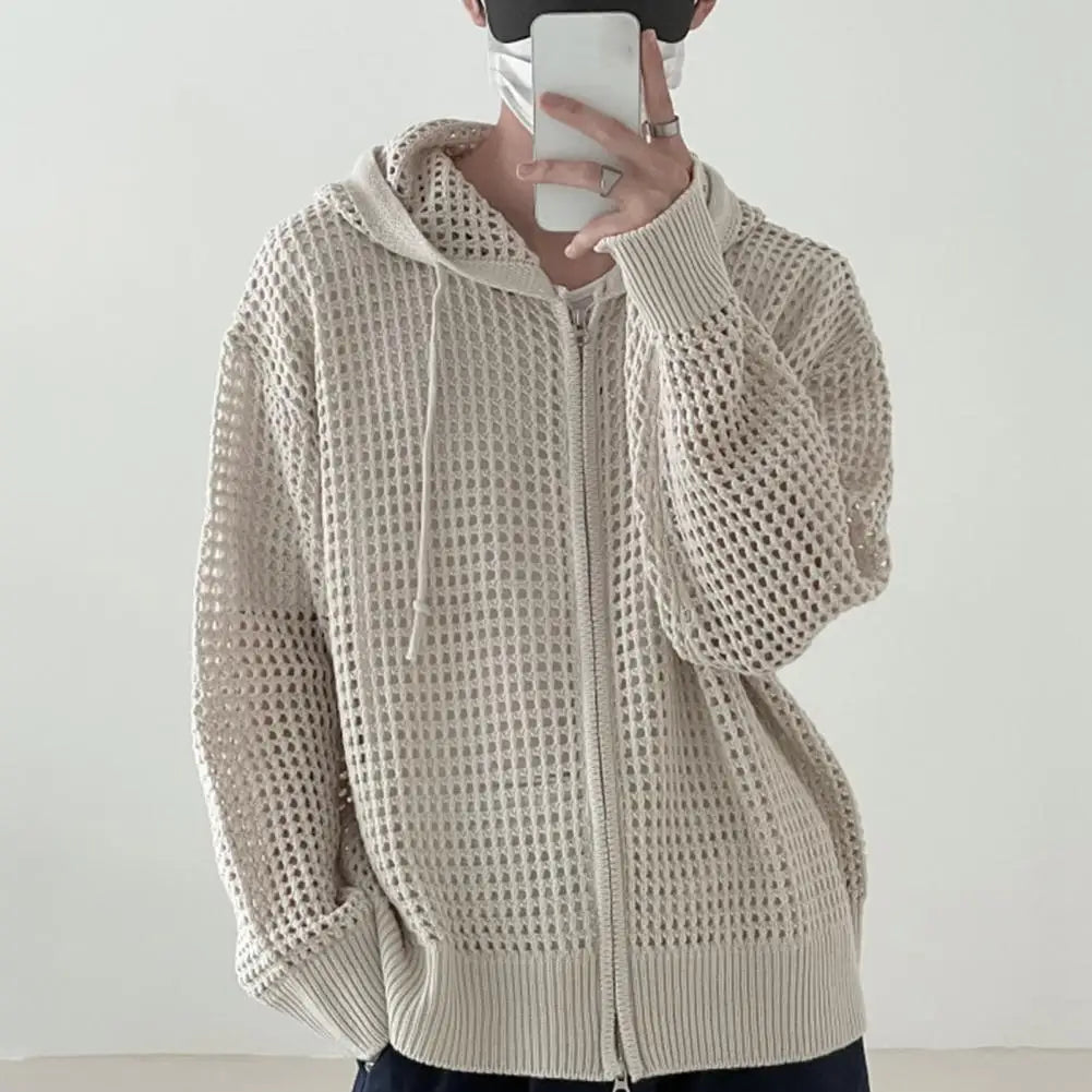 maoxiangshop Hollow Design Men Jacket Hooded Hip Hop Cardigan Stylish Men's Winter Jacket with Hollow Out Design Zipper Closure Men Hooded