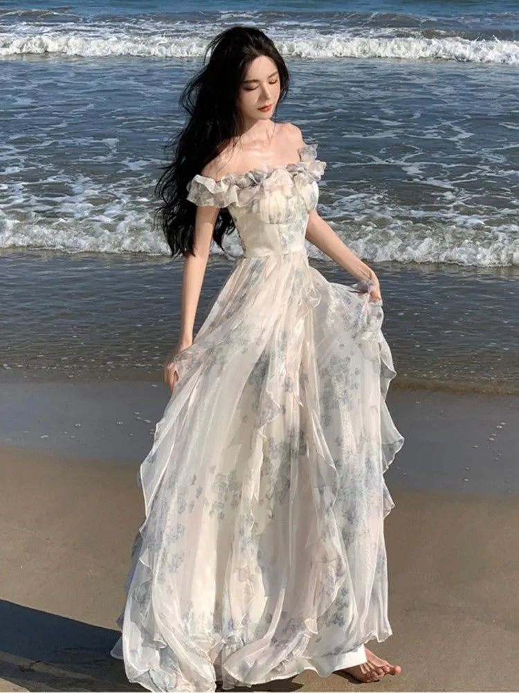 Women Fashion Bohemian Print Long Dresses France Elegant Ruffles Strap Beach Holiday Vestidos Korean One Piece A-Line Robe
