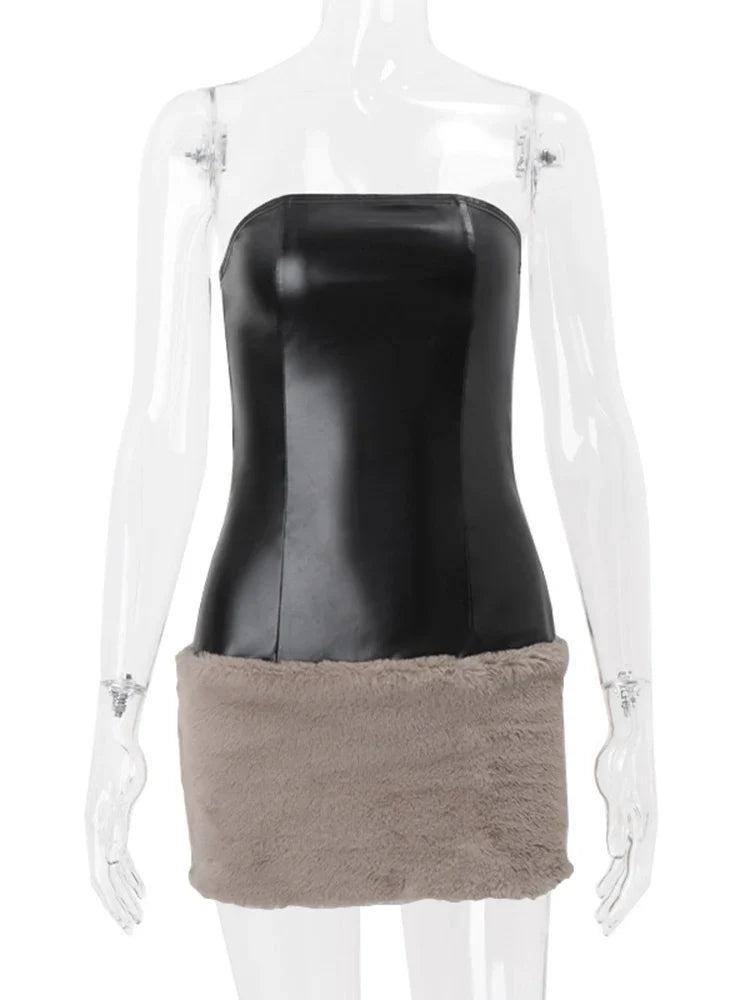 maoxiangshop - Fur Splice Strap Mini Dress For Women Slash Neck Hot Girl Club Party Dress Autumn Winter Fashion Slim Sleeveless Dress