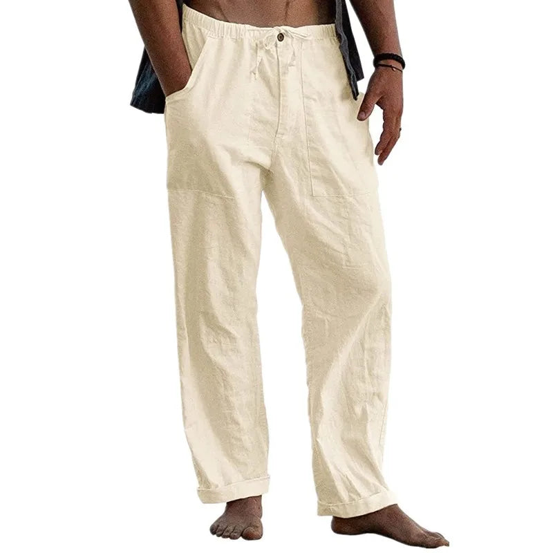 maoxiangshop New Men's Cotton Linen Pants Summer Solid Color Breathable Linen Trousers Summer elastic waist drawstring loose pants