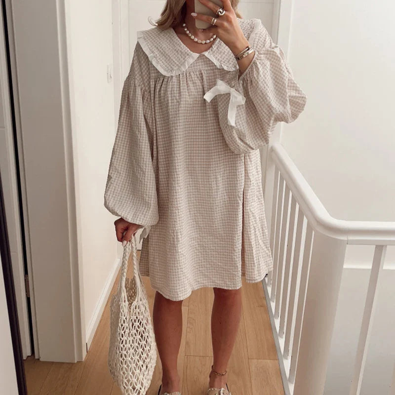 maoxiangshop - Sweet Stitching Plaid Party French Dress 2024 Autumn Long Sleeve Lapel Collar Mini Dress Women Elegant Swing High Street Dress