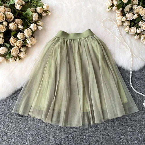 maoxiangshop Sweet Women Mini Skirt Mesh Solid Tierred Ruffles Elastic Waist Women's Clothing Almighty A-line Tulle Skirts Summer
