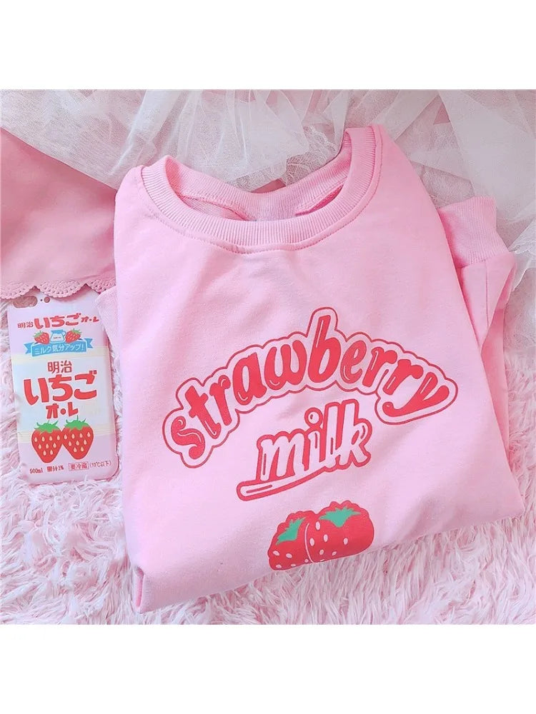 3XL Harajuku Kawaii Strawberry Pink Sweatshirts Fleece Sweatshirt Women Kpop Chic Cute Girls Top Y2k Clothes