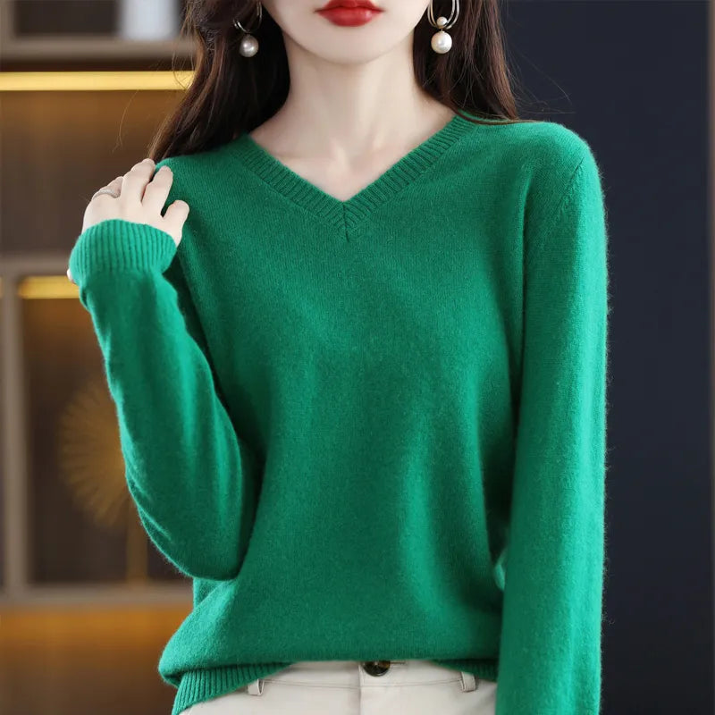 maoxiangshop Cashmere Sweater Women's Knitting Sweater 100% Pure Merino Wool Winter Fashion Basic V-neck Chic Top Autumn Warm Pullover