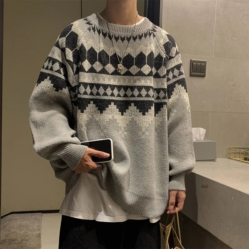 maoxiangshop Mens Sweater Vintage Pullover Turtleneck Casual Sweaters for Men Clothing Geometry Pullovers Casual Free Shipping Male Clothes