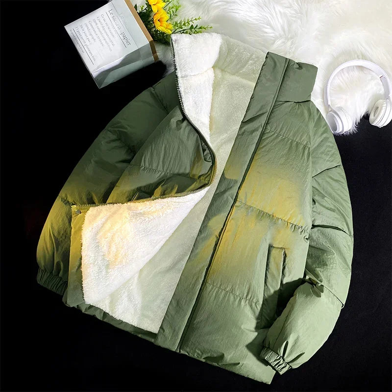 maoxiangshop WINTER OUTFITS Green Puffer Jacket Men Style Winter Lamb Wool Stand Up Collar Casual Jackets Men Thick Warm Coats Streetwear Solid Color Jacket