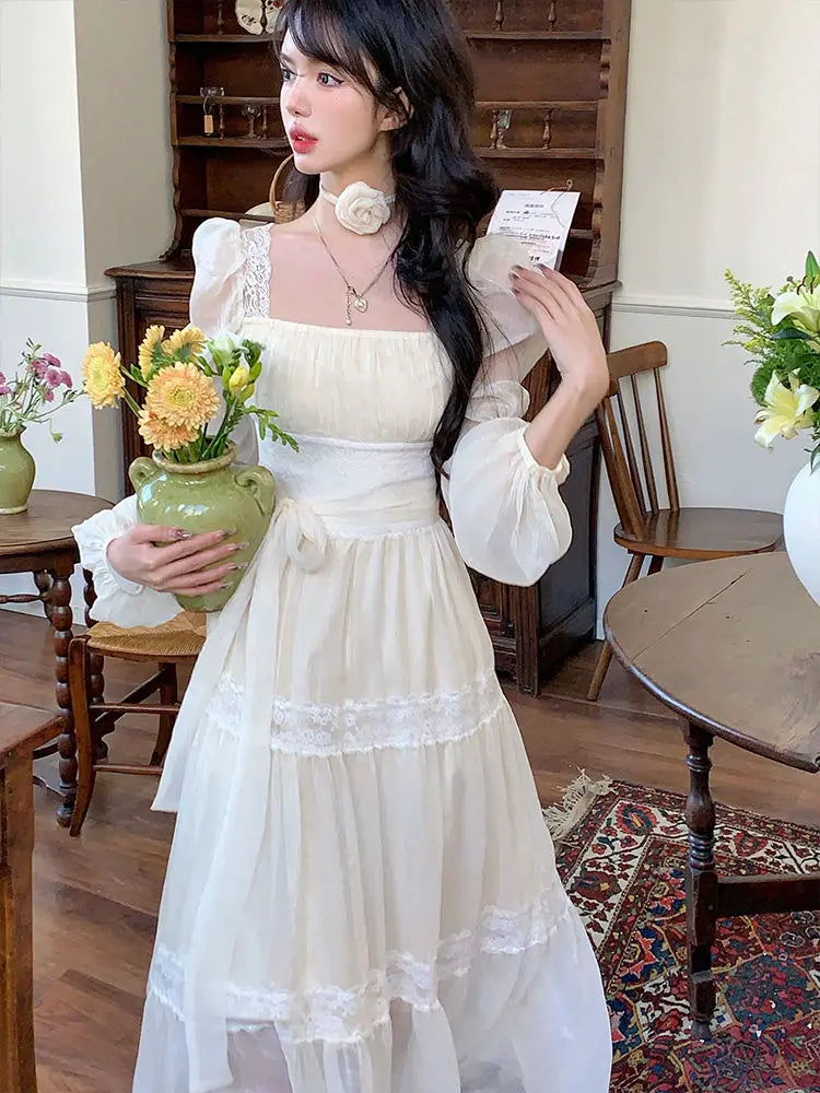 maoxiangshop - Autumn Long Sleeve Elegant Lace Dress Woman French Style Fashion Midi Dress Casual Party Slim One Piece Dress Korean Chic