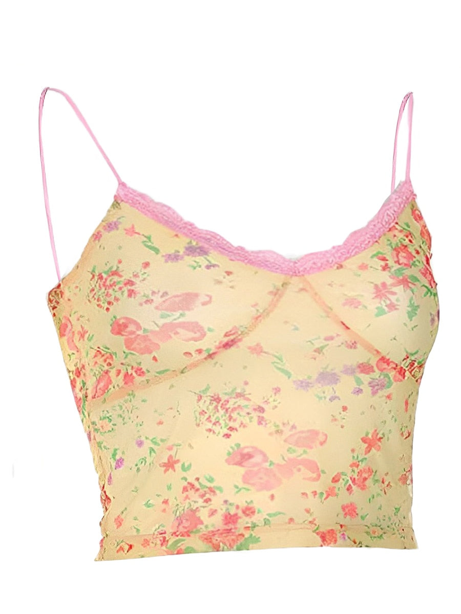 maoxiangshop Rteyno Women s Summer Mini Sling Vest Sleeveless Backless V Neck Lace Trim Floral Camisole