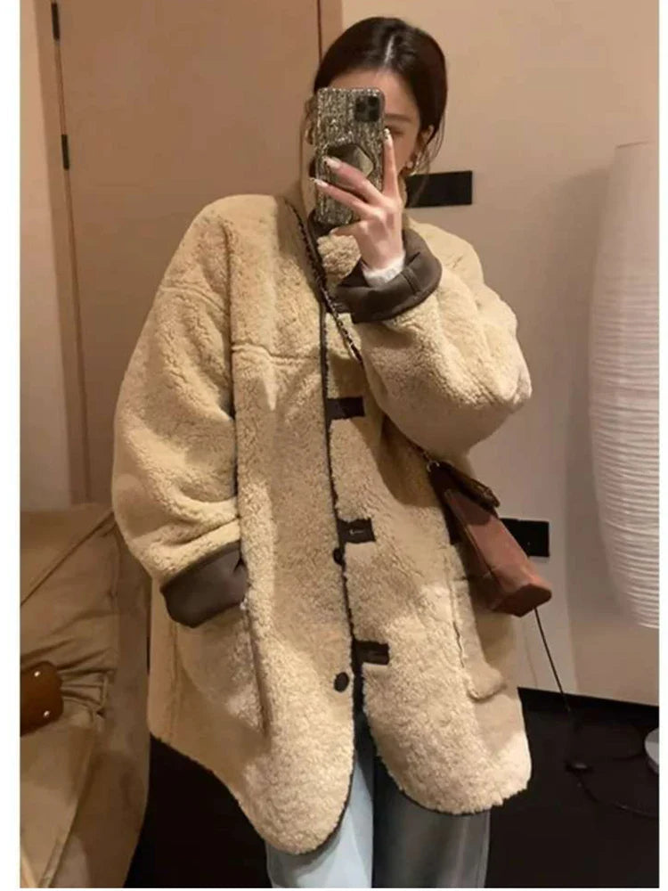 maoxiangshop - Autumn Winter Lamb Wool Jacket Women's Loose Coats Harajuku Warm Outerwear Long sleeve Cotton Padded Jacket
