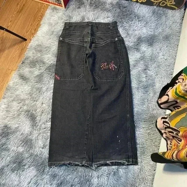Jeans New Y2K Women Harajuku Retro Hip Hop Cartoon Embroidery Baggy Jeans Black Pants High Waisted Wide Trousers Streetwear