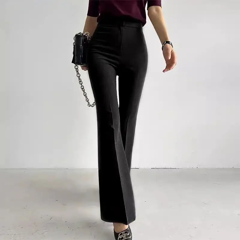 maoxiangshop - Elegant Women Grey Flare Suit Pants Loose 2024 Autumn Office Ladies Korean High Waist Pockets Casual Trousers