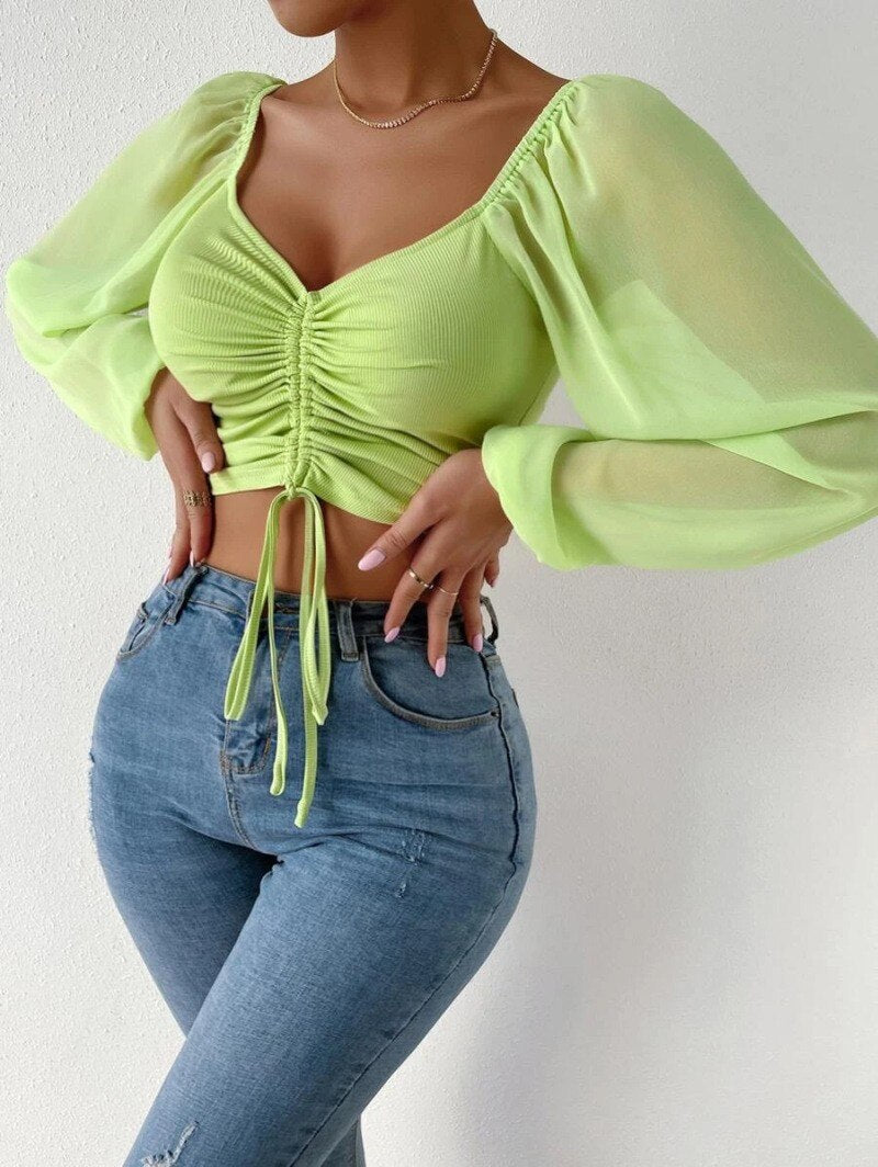 maoxiangshop Fashion Sexy Low-cut Long Sleeve Crop Tops Women Summer Autumn Slim Solid Top Femme And Blouses Chiffon Shirt