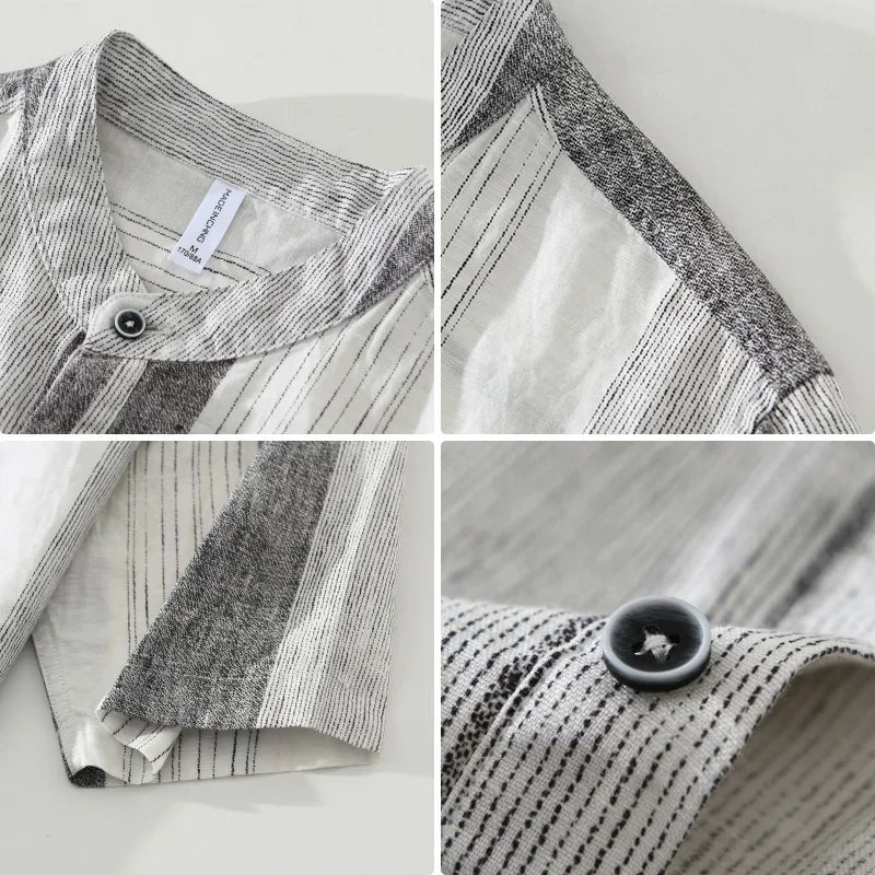 maoxiangshop 2024 Summer New 100%Linen Pullover Short Sleeve Shirts for Men Fashion Striped Casual Loose Shirts