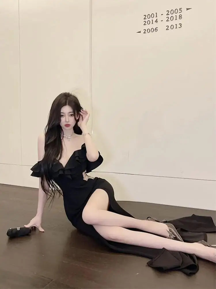 maoxiangshop NEW YEAR DRESS TO IMPRESS Red Sexy Club Backless High Split Ruffles Wrapped Hip Dress Elegant Luxury Off Shoulder Party Evening Dresses Women Summer