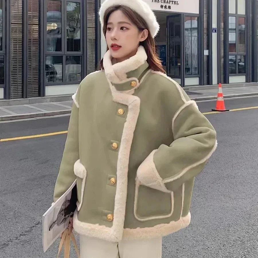 new Korean fashion Maillard fat MM purple Kawaii lamb suede plus velvet coat women's Y2K Harajuku loose casual warm coat