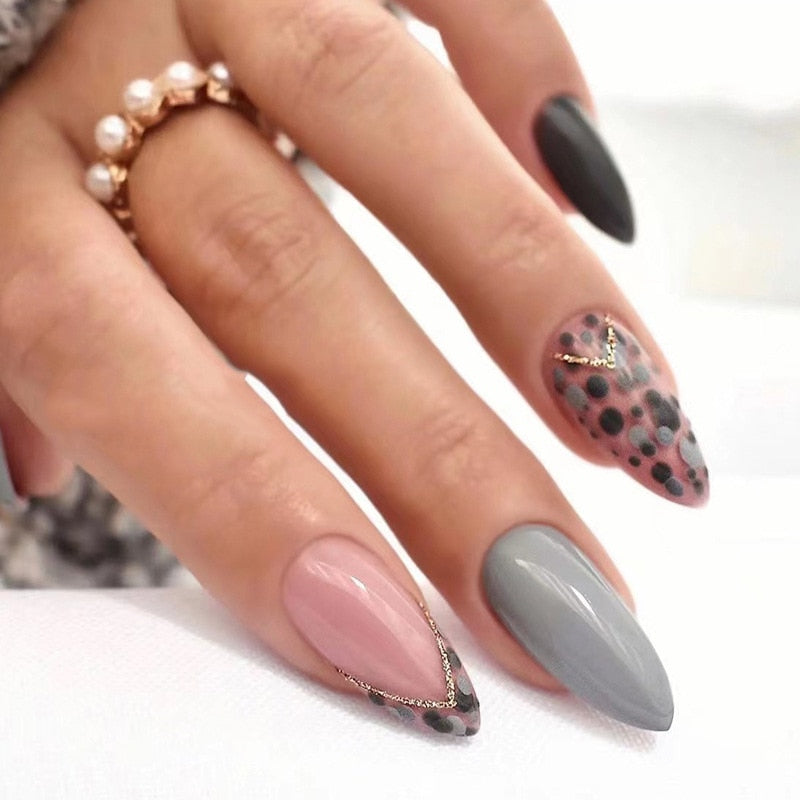 24Pcs False Nails With Glue Almond Pink Butterfly Design Detachable Rhinestones Acrylic Fake Nails long stiletto Press On Nails