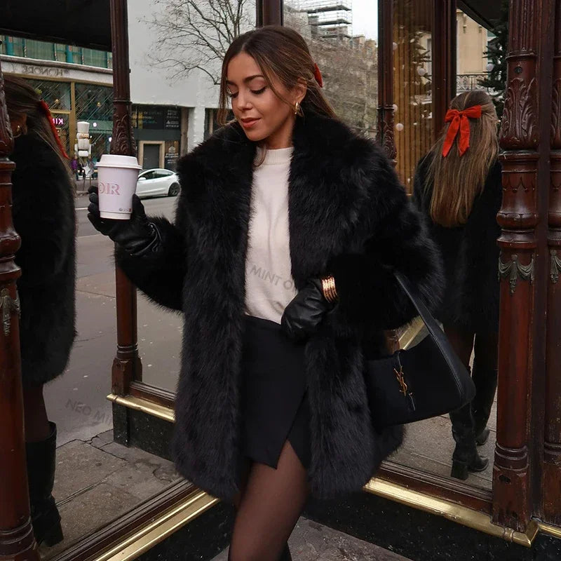 maoxiangshop - Lapels Faux Fur Coat Women 2024 Winter Brand Designer Fluffy Fox Fur Jacket Luxury Furry Overcoats Girl Stylish Long Outerwear