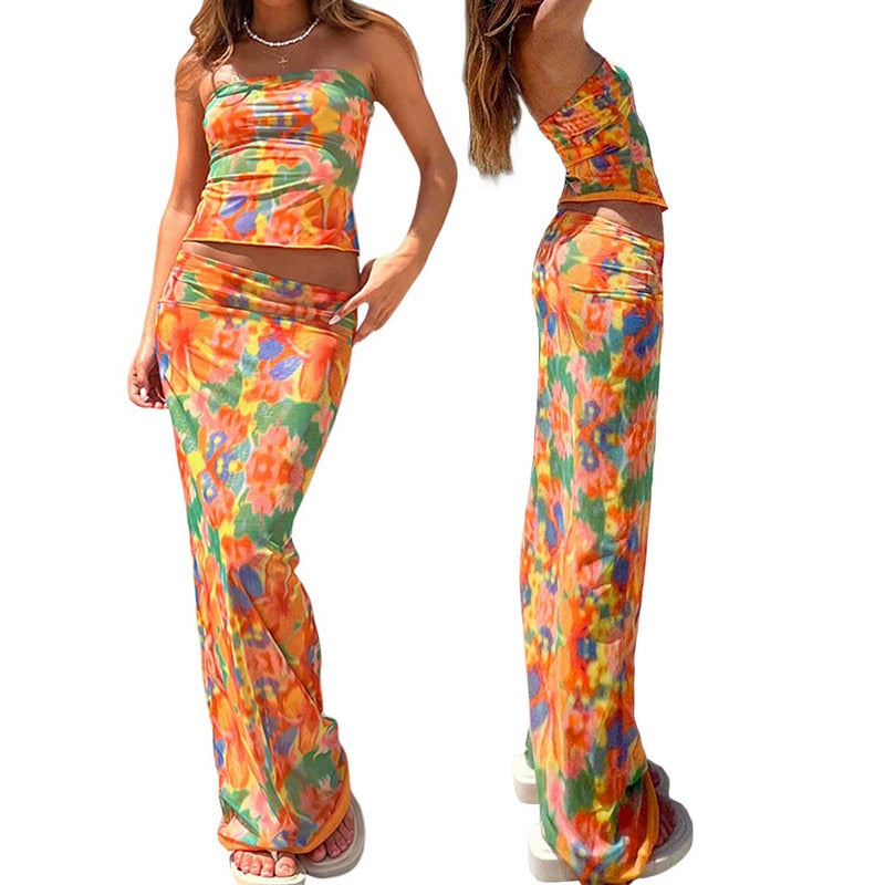 maoxiangshopTwo Piece Skirt Set Women's Suit y2k Clothes Summer Sexy Outfit Cropped Top and Split Skirt Chic Elegant Female Clothing