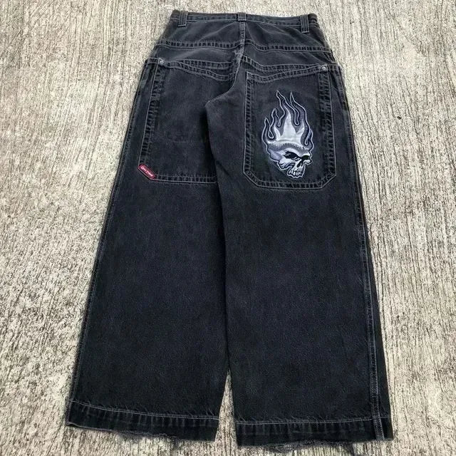 Jeans New Harajuku Hip Hop Retro Skull Graphic Embroidered Baggy Jeans Denim Pants Men Women Goth High Waist Wide Trousers