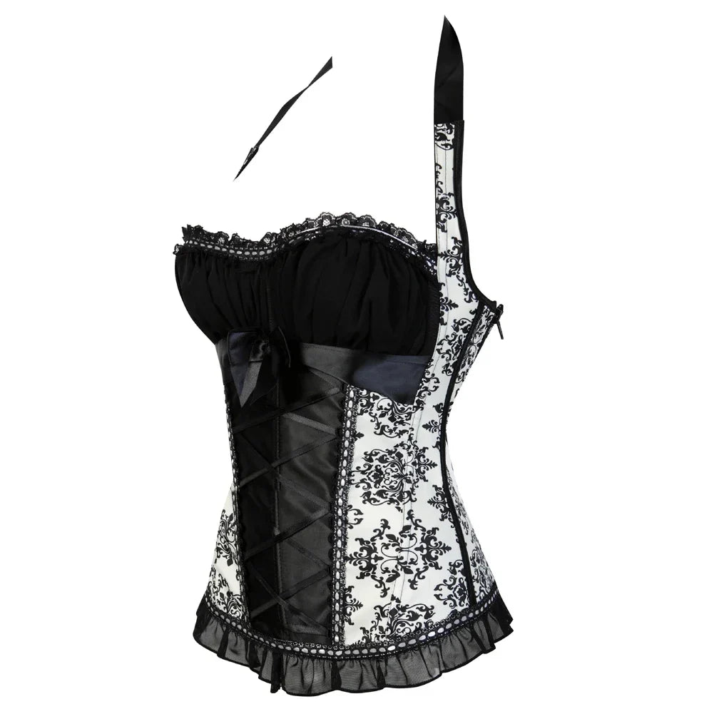 maoxiangshop - Women's Bustiers Corsets Lace Flower Print Corset with Halter straps Brocade Gothic Sexy Lingerie Top Vintage Victoriano Bustier