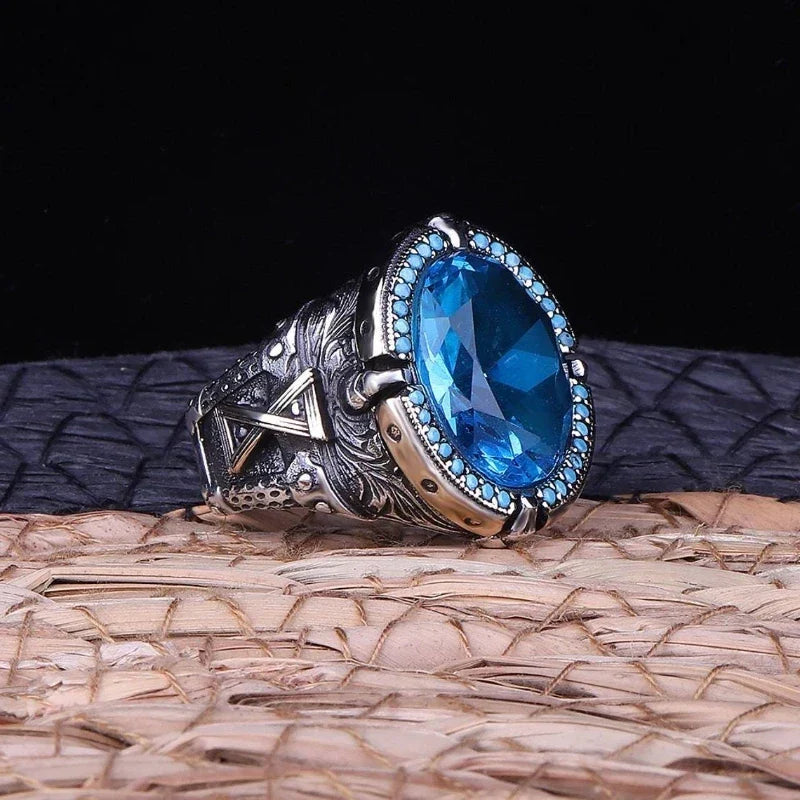 maoxiangshop Retro Handmade Turkish Signet Rings for Men Ancient Silver Color Carved Ring Mystic Zircon Inlay New Punk Motor Biker Ring