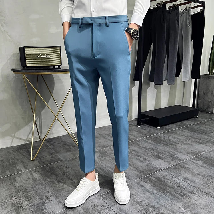 maoxiangshop 2024 Summer Fashion Mens Dark Green Suit Pants Pure Color Business Occupation Slim Fit Dress Office Ankle Trousers