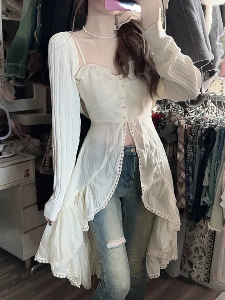 Chiffon Fashion Outfits 2 Piece Skirt Set Sexy Strap Dress + Beige Long Tops Ruched Mori Girl Simple Summer Korean Fashion