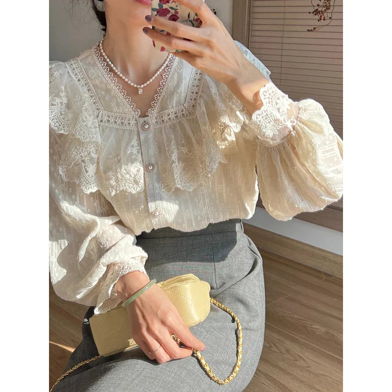 maoxiangshop-Vintage French Women Shirts Lace Lolita Elegant Long Sleeve Flounce Blouse High Quality Office Lady New Fashion Chic Female Tops