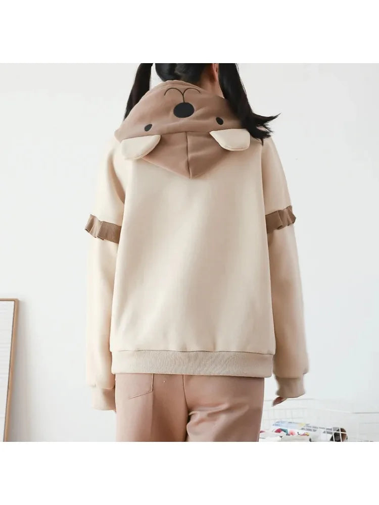maoxiangshop Women Cute Drawstring Bear Embroidery Fleece Hoodies Winter Korean Fashion Harajuku Hoody Sweatshirt Female Pullover Top