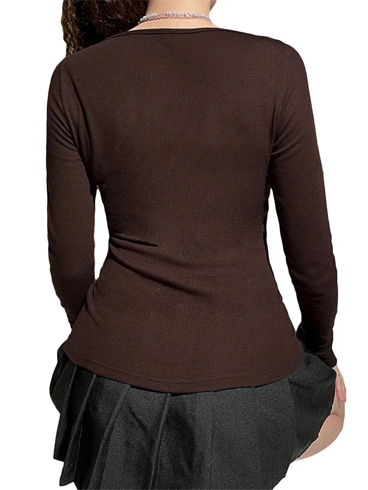 maoxiangshop Y2k Women's Long Sleeve Knitted Tops Lace Stitching Neckline Knitwear Bowknot Decoration Slim-Fit Tshirt Pullovers Clubwear