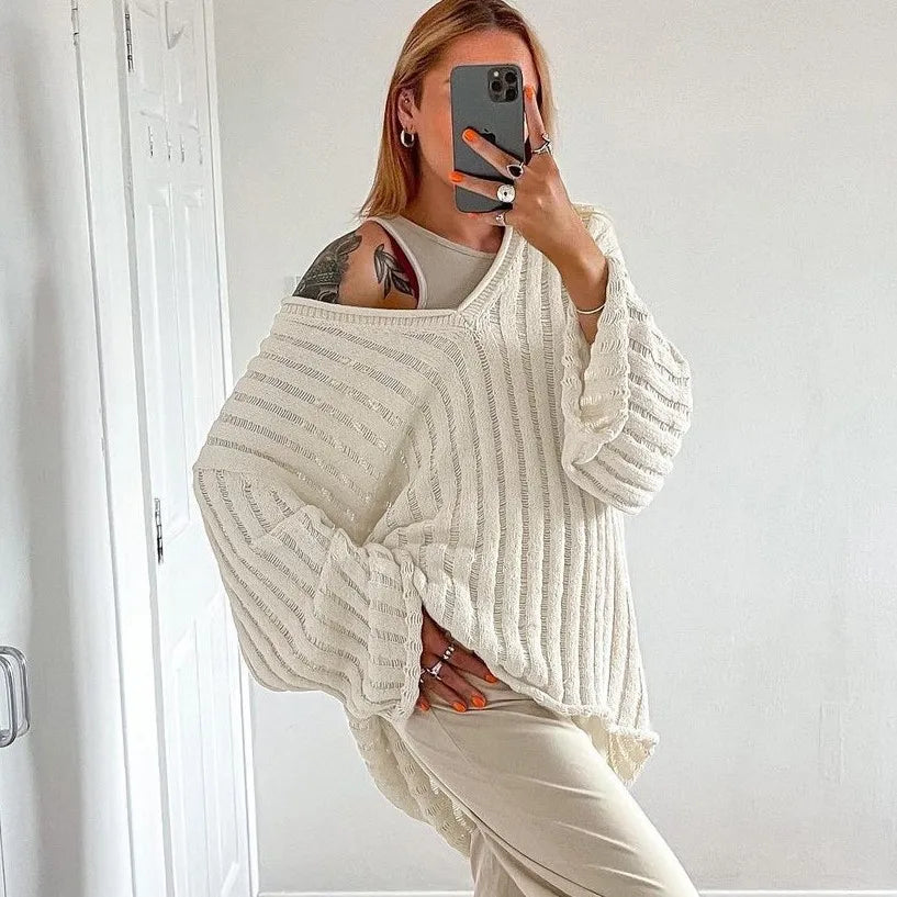maoxiangshop - Knitted Pullover Sweater Women Long Sleeve V Neck Loose Casual Top Women Autumn Winter Oversize Jumper Sweaters Mujer