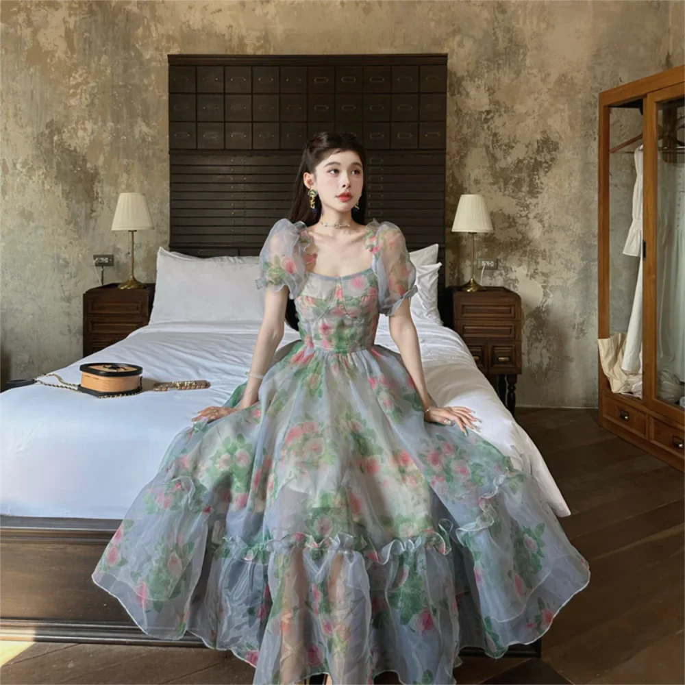 maoxiangshop Vintage Floral Evening Midi Maxi Dresses for Women Elegant Casual Party Prom Green Holiday Princess Fairy Long Dress Summer 2024