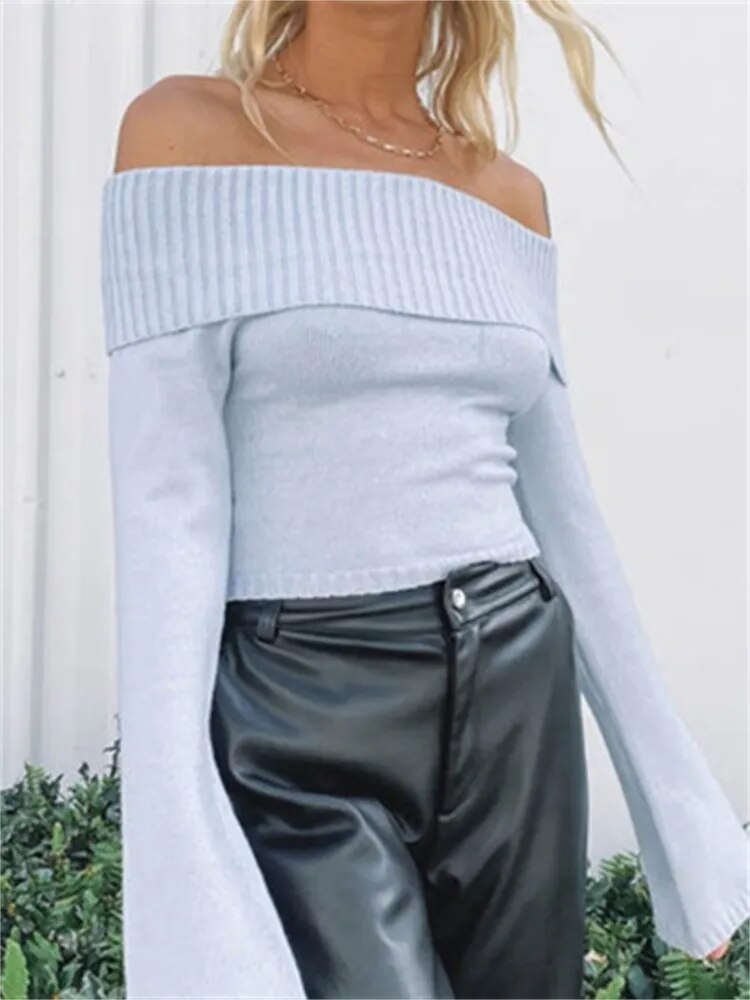 maoxiangshop Women Slash Neck Knitted Sweaters Tops Streetwear Long Sleeve Off Shoulder Ribbed Pullovers Slim Fit Causal Jumpers
