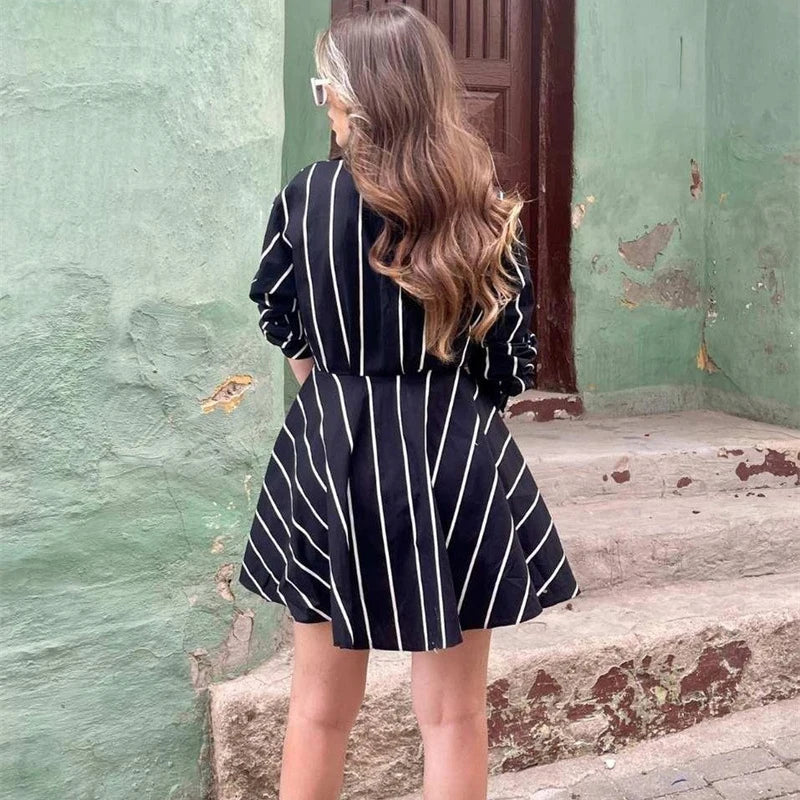 maoxiangshop - Women Mini Shirt Dress Autumn New Single Breasted Dress Female Vintage Striped Long Sleeve Dress Lady Casual Slim Dresses