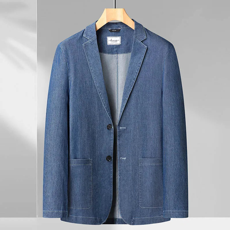 maoxiangshop Spring and Summer Men's Thin Cotton Monochrome Suit Loose Denim Casual Suit Jacket Coat(oversized plus size)
