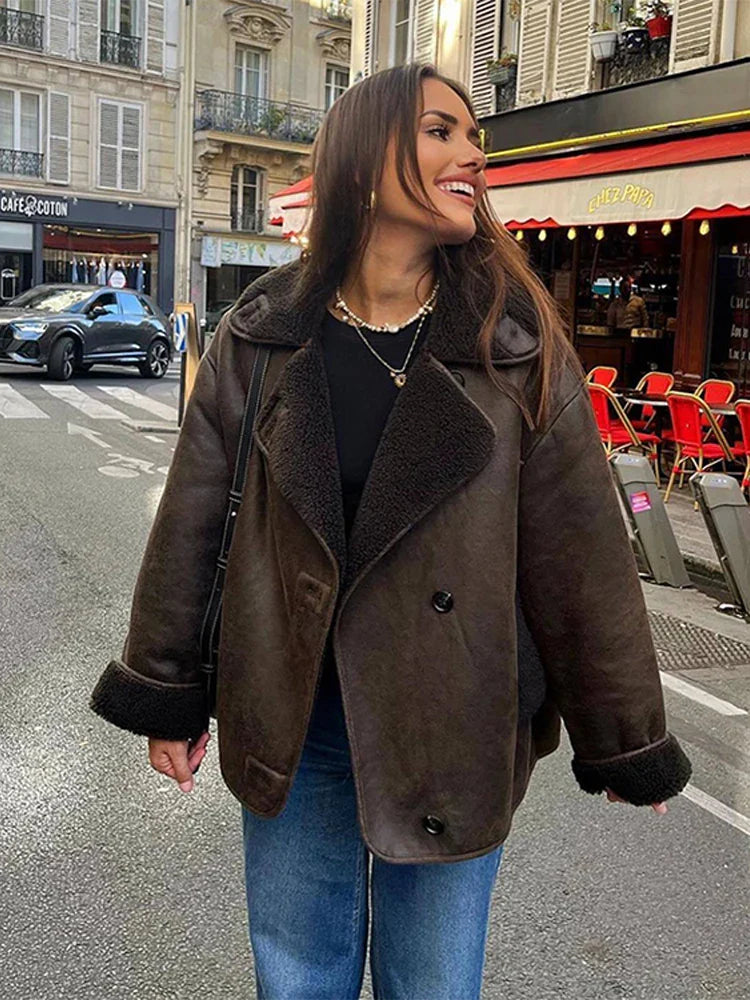 maoxiangshop - Casual Lapel Thick Faux Leather Jackets Women Vintage Single-Breasted Warm Wool Blends Coats Female Winter High Street Outwears
