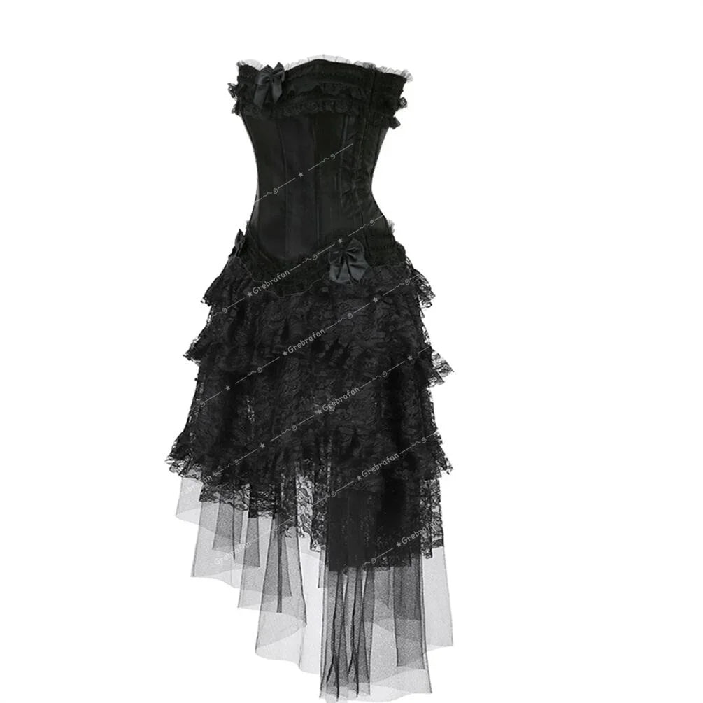 maoxiangshop - Corset Dress Steampunk Lace Trim Bustier with Long Tulle Skirt Carnival Party Night Costumes Plus Size Halloween Outfits Women