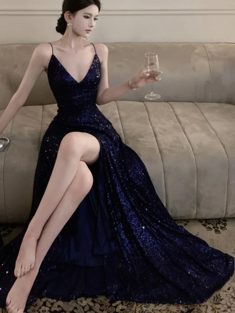 maoxiangshop DRESS TO IMPRESS Sexy Backless Evening Party Long Dresses for Women V-Neck Split Slim Spring Summer Luxury Sequins Prom Robe Birthday Vestido New